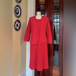 Vintage 60s Red Bouclé Knit 2-Pc Dress Set - Sleeveless Shift & Jacket, Size L